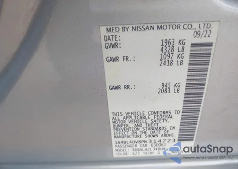 2023 Nissan Altima Sv Fwd from USA, damaged, VIN 1N4BL4DV8PN314723